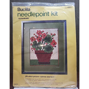VTG Bucilla jiffi stitch Needlepoint Kit "GERANIUMS" #4867 made in USA 9x11" NOS
